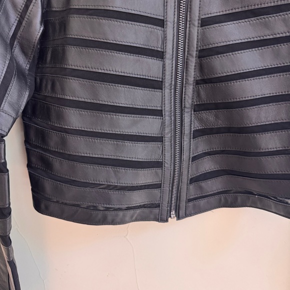 Overland Black Short Lamb Leather and Mesh Stripe Full Zip Jacket Womens Size XS - Picture 4 of 16